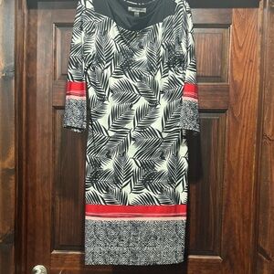 Black and White Leaf Print Dress with Red Accents